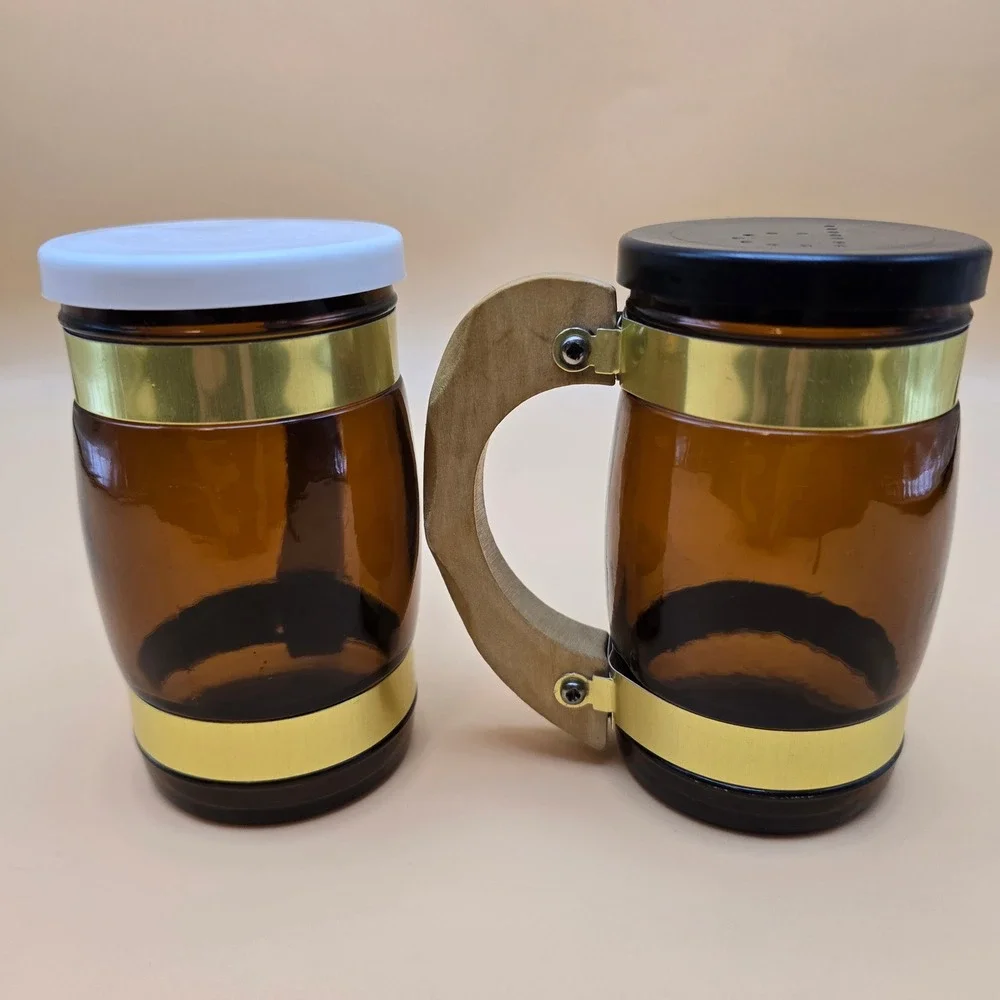 Vintage Amber Glass Beer Stein Salt and Pepper Shakers Wood Handle Gold Trim Set